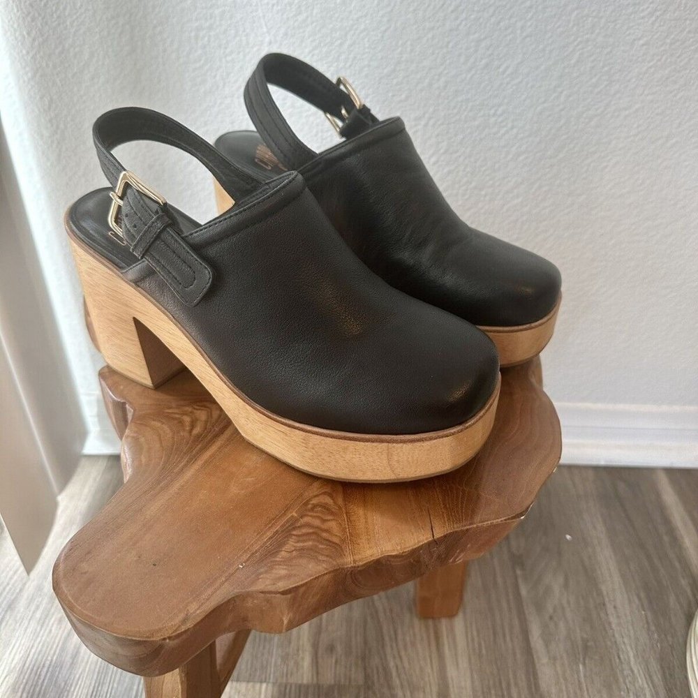 Charlotte Stone Sz 9 Bonnie Black Leather Platform Clogs Slingback Block Heels